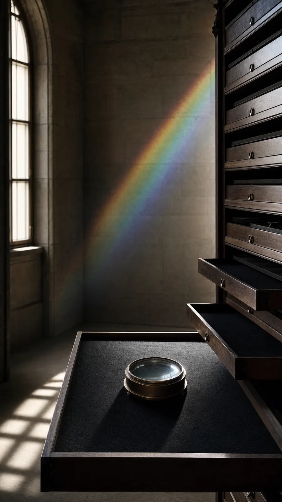 A shadowed archive room where a prism of light crosses dark wooden drawers.