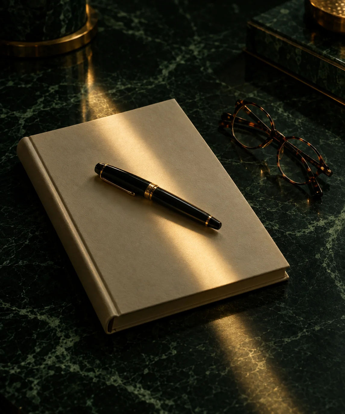 A closed, bound agreement with a capped fountain pen resting on it and reading glasses beside it, on dark green marble in a shaft of gold light.