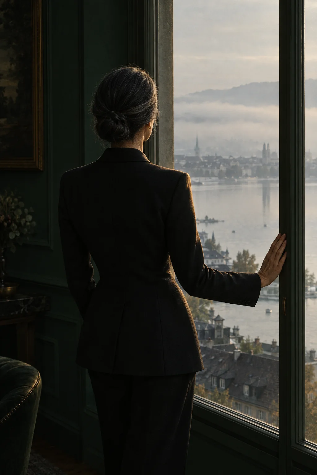 A woman in a black suit, seen from behind, standing at a tall window above Lake Zurich in the morning fog.