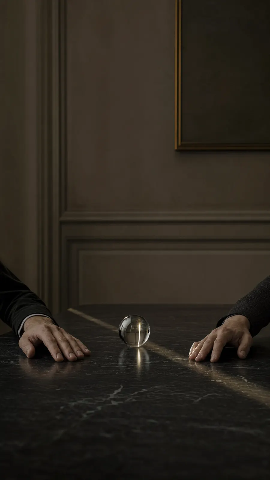 Two people seated across a dark table, their hands framing a small glass sphere.